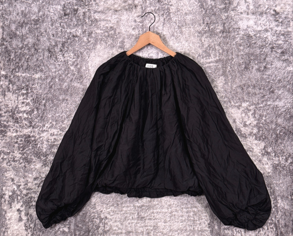 COS Top 8 Womens Black Balloon Sleeve Lightweight Crinkle Texture Blouse